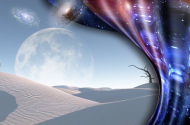 Kuru ağaçları, galaksileri ve ufukta büyük ayı olan gerçek üstü beyaz bir çöl. Wapder alanı.