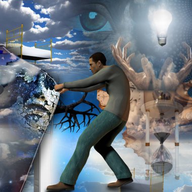 Man pulls back curtain of reality clipart