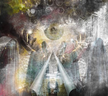 Mistik soyut resim, geniş gözlü canlı renkler kumaşa sarılı figürler ve kıvrımlı kenarlı bir yırtık.