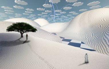 Gerçeküstü çöl. Kum tepesinde yeşil ağaç. Uzakta insan ve keşiş figürleri. Soyut bulutlar.