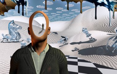 Satranç figürleriyle gerçeküstü çöl. Takım elbiseli meçhul adam. Uzakta duran bir insan figürü. Gökyüzünden başka bir boyut akıyor.