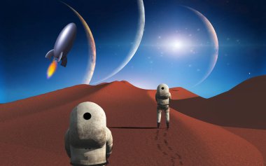 Başka bir gezegendeki astronotlar. 3B görüntüleme