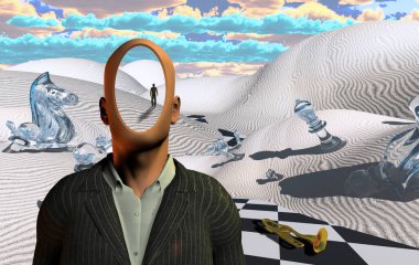 Satranç figürleri ve trompeti olan gerçek üstü bir çöl. Takım elbiseli meçhul adam. Uzaktan bakınca insan figürü..