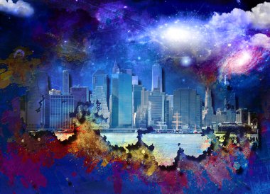 New York peyzajı. Galaksi ve yıldızlar. 3B görüntüleme