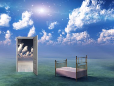 Gerçeküstü resim. Başka bir dünyaya açılan kapı ve boş yatak.
