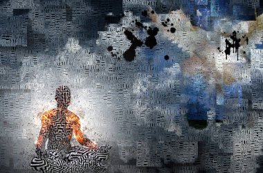 Soyut bulutlar. Kelimeler. Lotus pozunda yanan adam. Derisinde labirent deseni var.. 