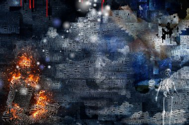 Soyut bulutlar. Kelimeler. Lotus pozunda yanan adam. Derisindeki labirent deseni. İskelet ölümü temsil eder..