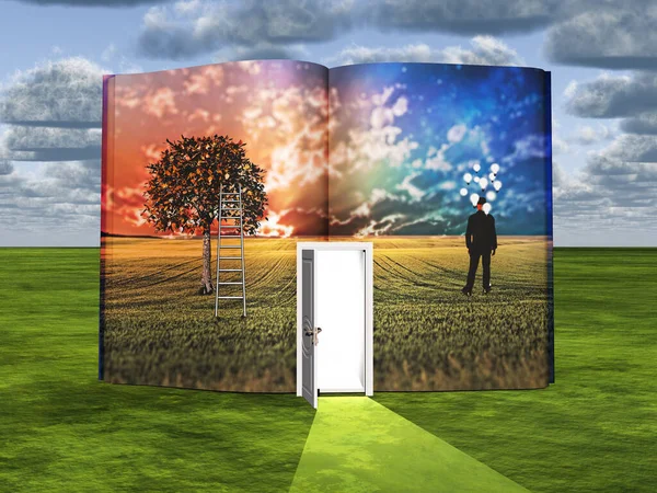 Surrealismo Libro Con Porta Aperta Uomo Con Lampadine Rappresenta Idee — Foto Stock