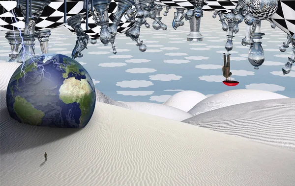 Surreale Wüste Mit Schachfiguren Globus Und Menschengestalt Der Ferne Mann — Stockfoto