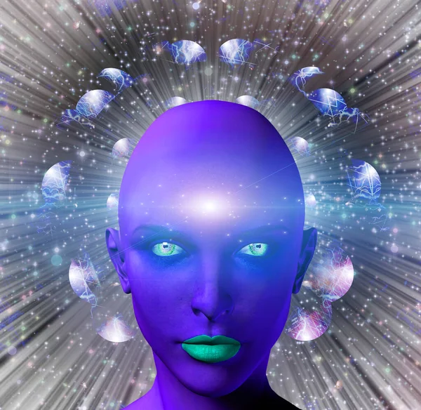 Фиолетовое Женское Лицо Заднем Плане Многослойными Пространствами — стоковое фото