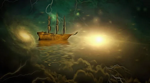 Surreal painting. Ancient ship in the sky.