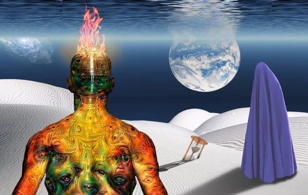 Mann Mit Seltsamen Augen Körper Und Brennendem Kopf Steht Surrealer — Stockfoto