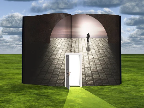 Surrealismus Buch Mit Geöffneter Tür Und Menschenfigur Steintunnel — Stockfoto