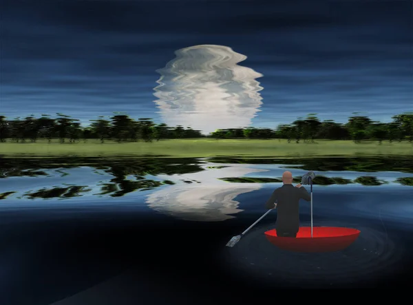 Wschód Księżyca Nad Jeziorem Człowiek Unoszące Się Czerwony Parasol — Zdjęcie stockowe
