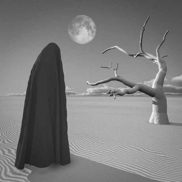 Сюрреалістичне Мистецтво Фігура Чорному Плащі Стоїть Пустелі — стокове фото