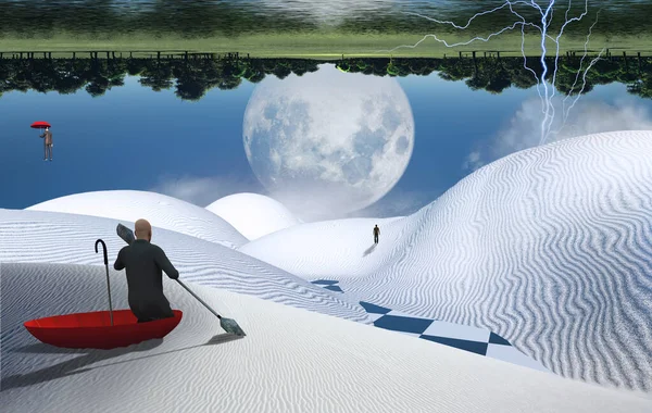 Surreal Painting Man Red Umbrella Floating White Desert Another Man — Stock Photo, Image