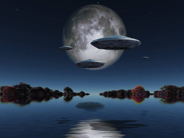 Flying saucers approach moon. Forest surrounded by water at the horizon.