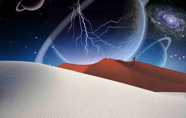 Deserto Surreal Figura Homem Distância Grandes Planetas Céu Estrelado — Fotografia de Stock