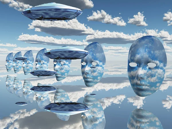 Ufo Surrealistické Masky Vznášejí Vzduchu — Stock fotografie