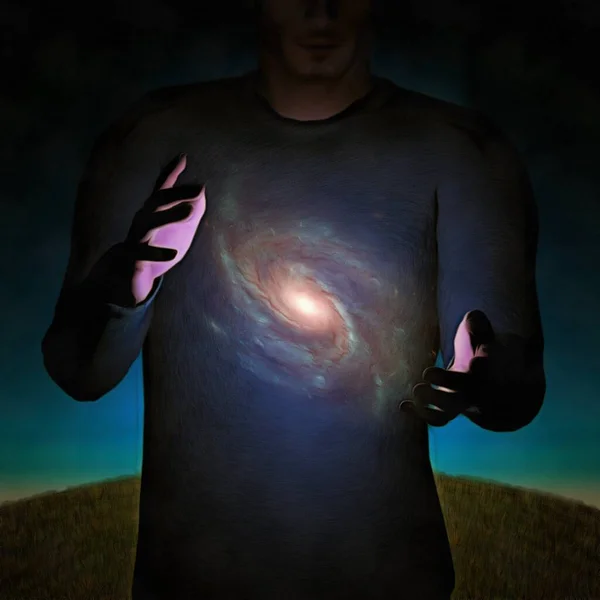 Pintura Surreal Galáxia Entre Mãos Humanas — Fotografia de Stock