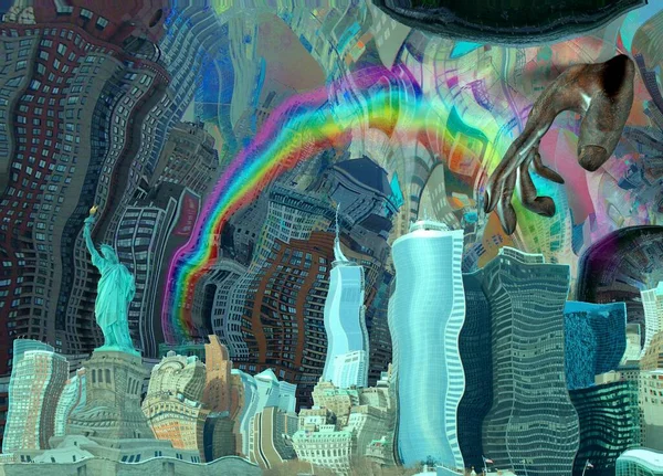 Centrum Rainbow Över Manhattan Rendering — Stockfoto