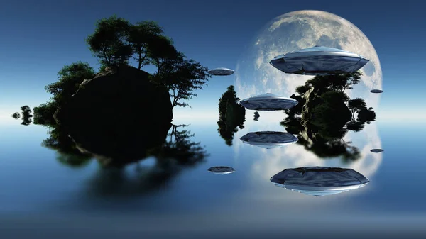 Летающие Тарелки Приближаются Луне Острова Деревьями Окруженными Водой Горизонте — стоковое фото