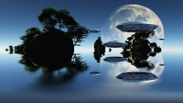 Flying saucers approach moon. Islands with trees surrounded by water at the horizon.