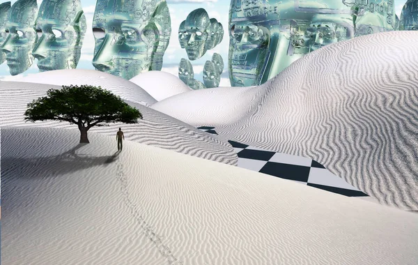 Deserto Surreal Árvore Verde Duna Areia Figura Homem Distância Máscaras — Fotografia de Stock