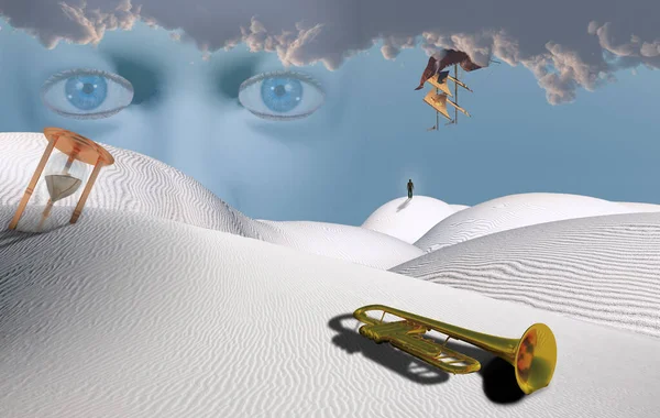 Surrealistyczna Pustynia Klepsydrą Trąbką Starożytny Statek Niebieskie Oczy Niebie Figura — Zdjęcie stockowe