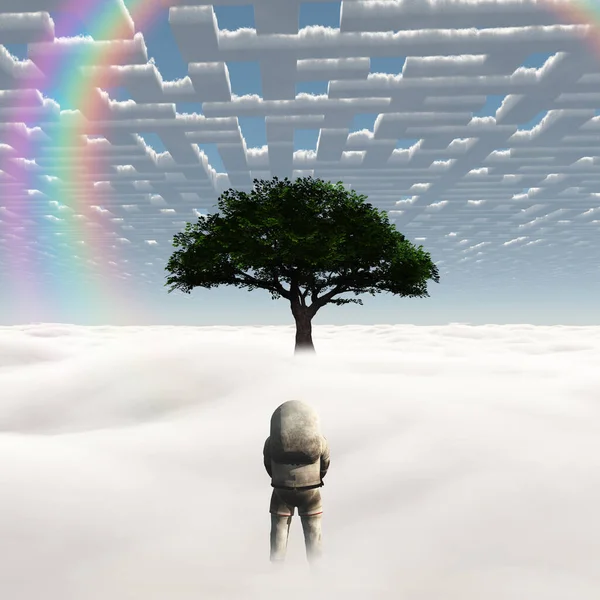 Surreal Painting Spaceman Maze Clouds — Stock Photo, Image