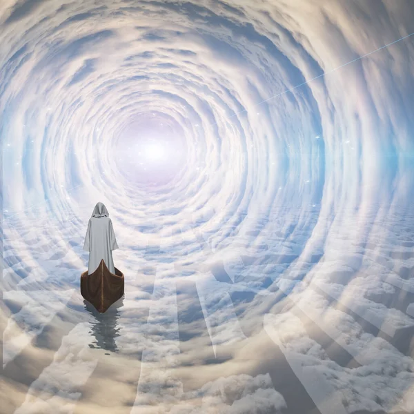 Фігура Білому Халаті Плаває Хмарах Над Хмарним Лабіринтом Візуалізація — стокове фото