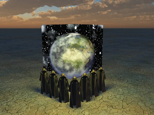 Cloaked Figures Cube Space Planet Terra — Stock Photo, Image