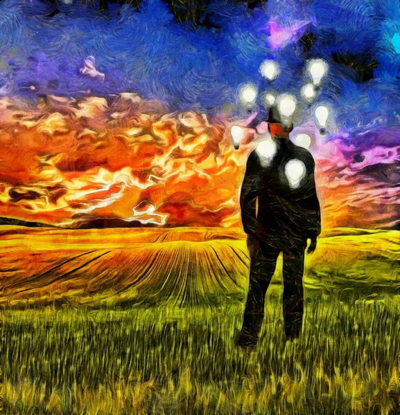 超现实的绘画 穿西装的人站在战场上 他头上的灯泡象征着思想 — 图库照片