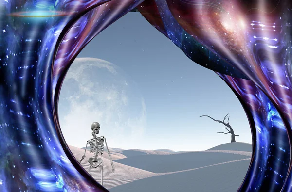 Sürrealizm Beyaz Çöl Ufukta Büyük Çarpık Uzay Skelet Ölümü Simgeler — Stok fotoğraf