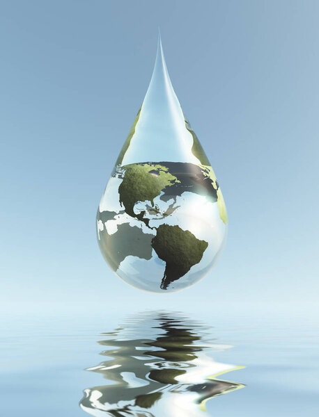 Planet Earth in water drop. 3D rendering