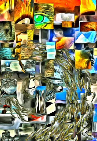 Pintura Surrealista Compleja Fragmentos Cuadrados Vórtice Peces —  Fotos de Stock