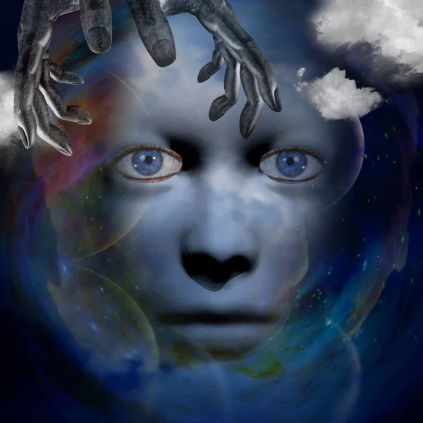 Menschliches Gesicht Mit Händen Und Universum Hintergrund — Stockfoto