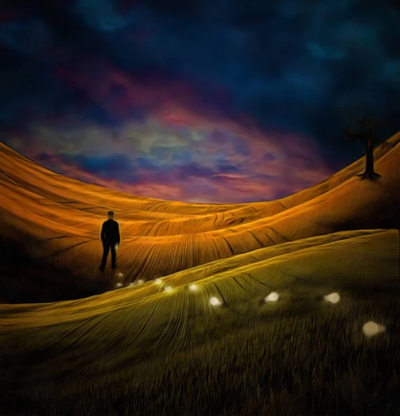Een Surrealistisch Schilderij Een Man Pak Verliest Gloeilampen Lichtbollen Symboliseren — Stockfoto