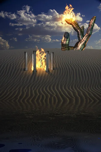 炎の火傷の間 天に向かって手のポイントを彫刻 3Dレンダリング — ストック写真