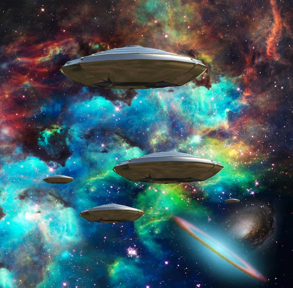 Kosmiczni Podróżnicy Latające Spodki Kolorowym Wszechświecie Renderowanie — Zdjęcie stockowe