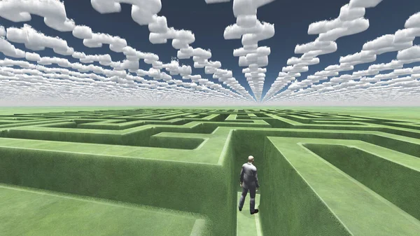 Homme Dans Labyrinthe Avec Des Nuages Forme Point Interrogation — Photo