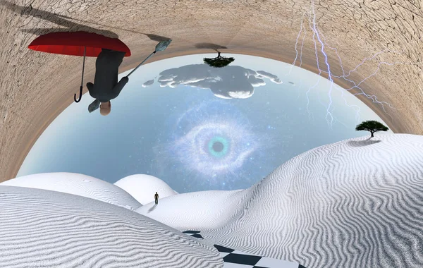 Surreal Painting Man Red Umbrella Floating White Desert Figure Man — Stock Photo, Image
