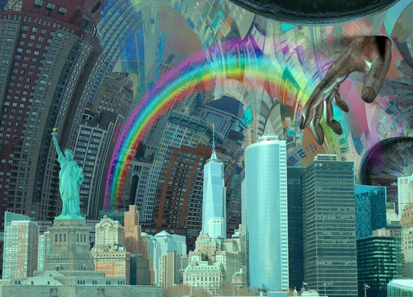 Статуя Либери Панорама Манхэттена Рендеринг — стоковое фото
