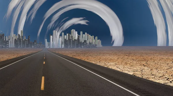 Блестящий Город Пустыне Сюрреалистическими Облаками Рендеринг — стоковое фото