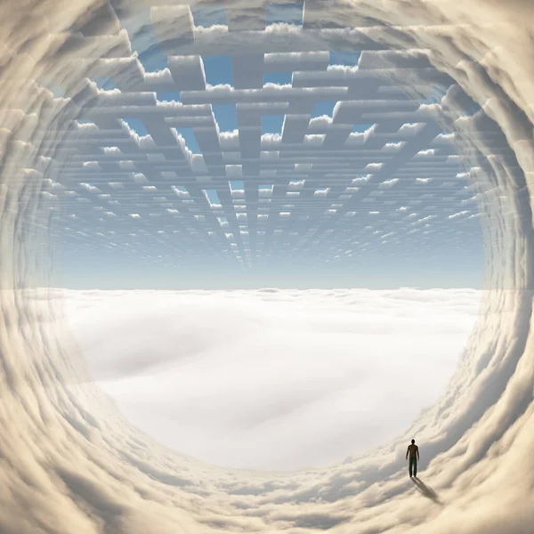 Bulut Tünelinde Bir Adam Gerçeküstü Sanat — Stok fotoğraf