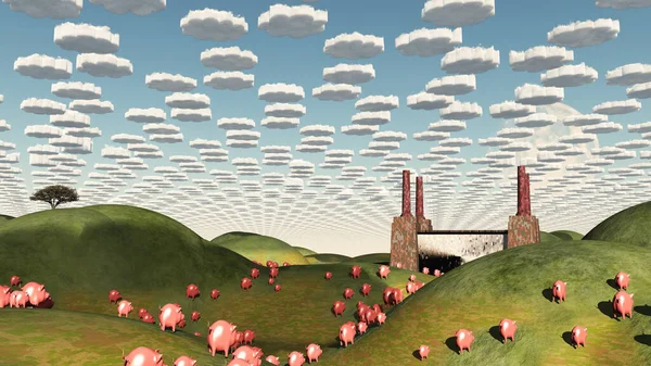 Schweine Bewegen Sich Wie Lemminge Richtung Fabrik Rendering — Stockfoto