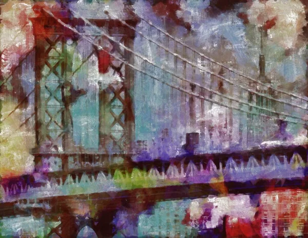 Farba Olejna Manhattan Bridge Renderowanie — Zdjęcie stockowe