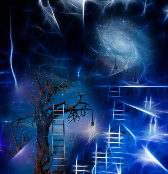 Ladder leans on the tree of wisdom. 3D rendering