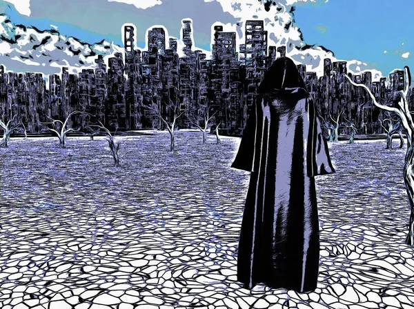 Сюрреалистичная Картина Фигура Плаще Стоит Перед Пустынным Городом Засушливых Землях — стоковое фото
