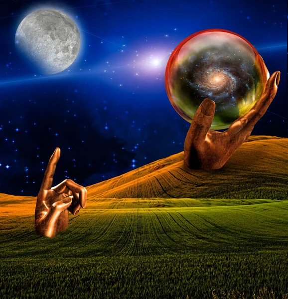 Surreal Landscape Human Hand Sculpture Pointing Moon — Stockfoto